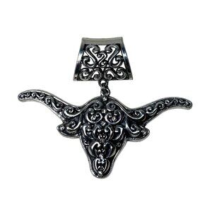 Longhorn Large Silver Pendant 4.5" Scarf Slide Texas Cattle